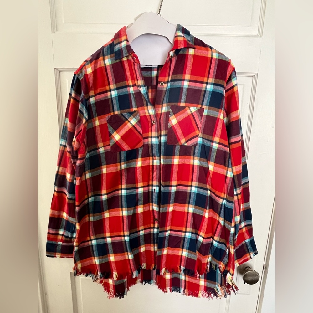 One 24 Rags Women’s Large Shirt Multi Color Plaid Long Sleeve Button Flannel Top